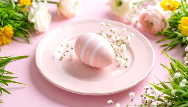 Pink Easter egg on plate, flowers - Powered by Adobe