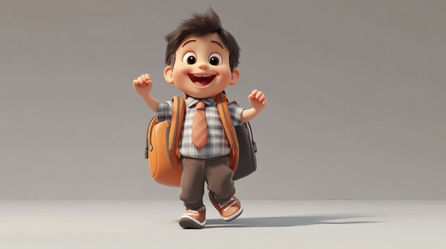 Animated child with a backpack, walking and smiling. - Powered by Adobe