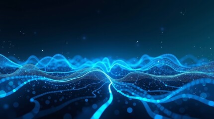 Obraz premium Luminous blue waves of digital particles abstract light