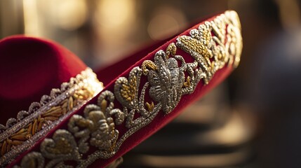 Mexican Independence Day celebration, close-up of traditional charro hat with silver embellishments, intricate stitching on deep red velvet fabric, soft golden backlighting