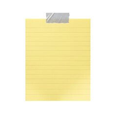 Empty Note Paper Mockup with Yellow Lined Texture and Grey Ripped Tape Isolated on White or Transparent Background