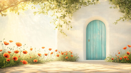 A quiet alley in an old village. Red poppies blooming along the base.