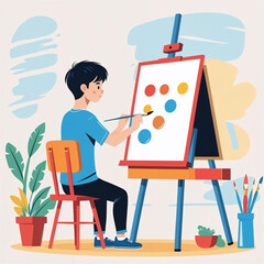 Young artist creating colorful abstract art on canvas with brush, painting in bright studio, creative process, artistic expression