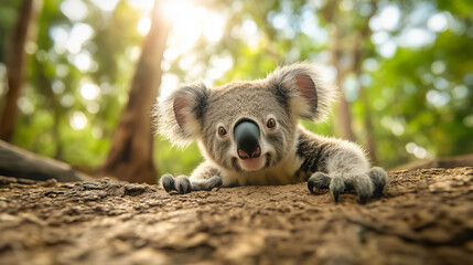 A tiny koala joey gazing dreamily into the distance as warm sunset light bathes the eucalyptus forest.
