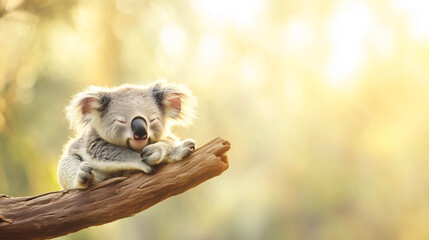 A tiny koala joey gazing dreamily into the distance as warm sunset light bathes the eucalyptus forest.