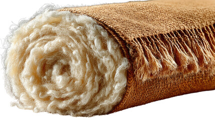 Rolled Blanket: A rolled blanket features a blend of soft, fluffy materials and fringed edges, ideal for warmth and comfort. The warm earthy tones give cozy vibe.