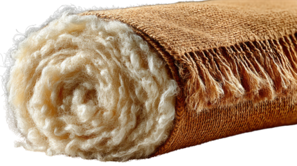 Rolled Blanket: A rolled blanket features a blend of soft, fluffy materials and fringed edges, ideal for warmth and comfort. The warm earthy tones give cozy vibe.