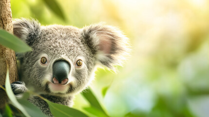 A tiny koala joey gazing dreamily into the distance as warm sunset light bathes the eucalyptus forest.