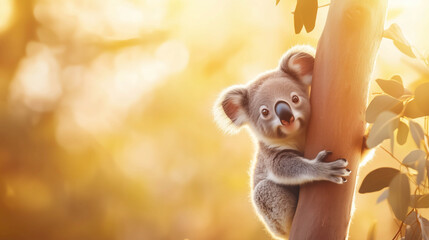 A tiny koala joey gazing dreamily into the distance as warm sunset light bathes the eucalyptus forest.