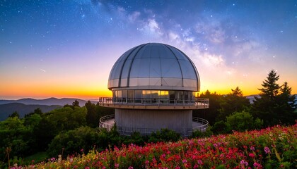 Obraz premium Observatory at Sunset with Flowers and Milky Way