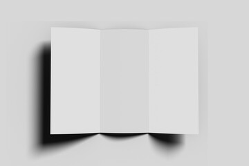 Blank Trifold Paper Leaflet, Flyer, Broadsheet, Flier, Follicle, Leaf A4 With Shadows. On Gray Background Isolated. Mock Up Template Ready For Your Design