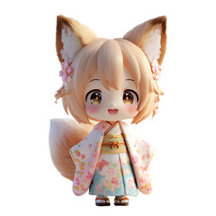 Cute Chibi Fox Girl in Kimono | Kawaii Pink Fox Character for Merch and Collectibles