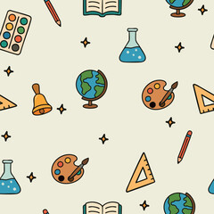 Colorful seamless pattern with school icons: ruler, notebook, book, pencil, globe