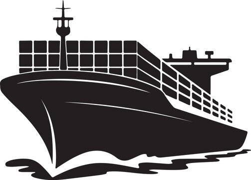 A striking black silhouette of a large cargo ship on the open sea, an isolated vector illustration of a naval vessel