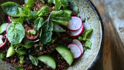 Healthy green salad with leafy vegetables and sliced radish in bowl for organic lifestyle food video - Powered by Adobe