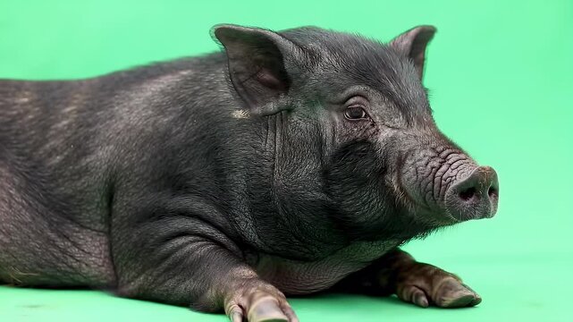 Black Pig Lying Down on a Vibrant Green Chroma Key Background. Close-up Portrait of a Domestic Animal Resting Comfortably, Isolated for Easy Compos...