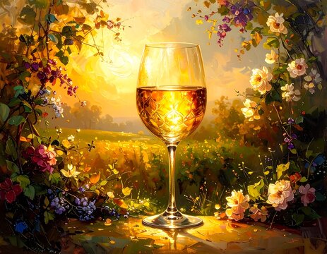 Golden elixir in wineglass amidst floral paradise a toast to nature's tranquility