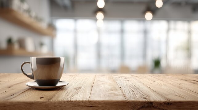 Minimalist wooden desk with coffee cup, a serene workspace for focused productivity
