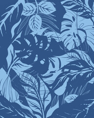 Abstract blue tropical leaves illustration pattern background