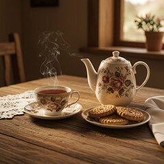 A steaming cup of tea with a teapot and cookies on a wooden table.