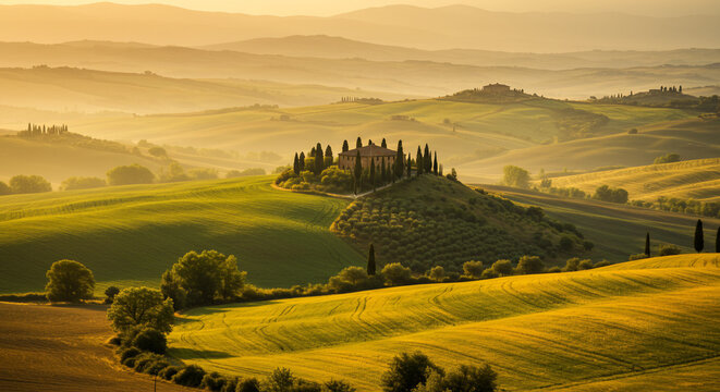 Idyllic tuscan landscape with rolling hills and a villa at sunset casting a golden light across the scene