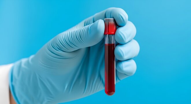 Close up hand Medical holding a blood sample tube for laboratory analysis. Concept of healthcare, diagnostics, and scientific research.