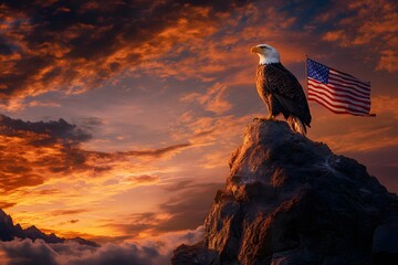 a bald eagle with the american flag symbolizes freedom, patriotism, and strength as it stands on a mountain cliff during a majestic sunset