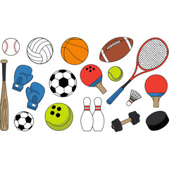 Set of various team and individual sports balls and game equipment icons