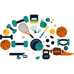 Dynamic composition of sport equipment icons for fitness and games vector illustration