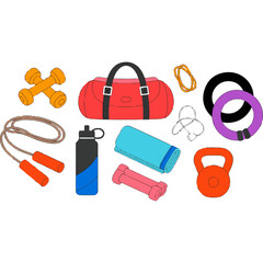 Gym accessories and personal fitness equipment for home workout vector icons