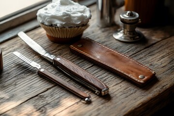 Naklejka premium a vintage barber straight razor rests on a leather case beside shaving tools on a wooden table with foam and classic grooming charm