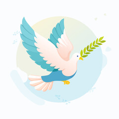 Obraz premium Symbol of Peace: A Dove Carrying an Olive Branch in a Gentle Sky Illustration
