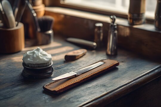 a vintage barber straight razor rests on a leather case beside shaving tools on a wooden table with foam and classic grooming charm