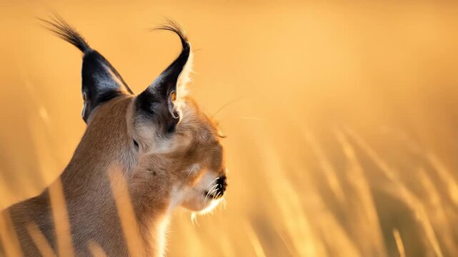 Caracal Wild Cat Gaze in Golden Sunset Light in African Grasslands