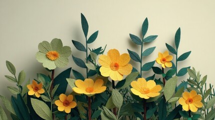 Colorful Paper Flowers with Green Leaves on Neutral Background