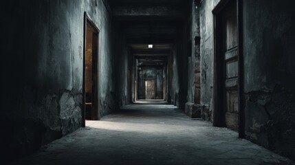 Obraz premium Dark Abandoned Corridor with Weathered Walls and Dim Lighting