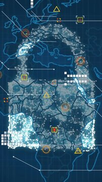 Animation of cloud, security padlock and sheild icon over world map against blue background