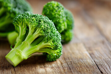 no logo, no text close-up of fresh broccoli florets with morning sunlight on wooden table, vibrant green tones,