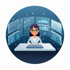 A focused woman with glasses works diligently at a computer desk surrounded by multiple screens displaying charts and code in a futuristic digital environment