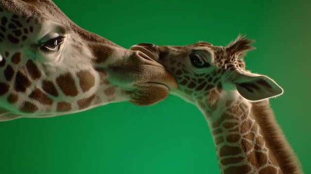 Close up of a giraffe and its baby touching noses against a green screen background image green screen animal video
