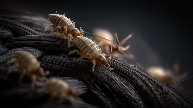 macro photograph of live head lice and nits clinging to dark human hair strands on a scalp, extreme detail of insect anatomy and hair texture, shallow depth of field
