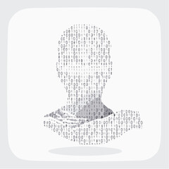 Abstract digital human head and shoulders silhouette composed of binary code on a clean white background representing data and technology concepts