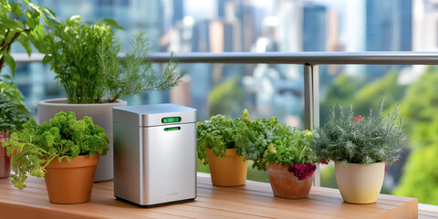 Modern indoor garden setup featuring a sleek silver appliance among vibrant potted herbs and plants on a wooden balcony table with a city skyline backdrop