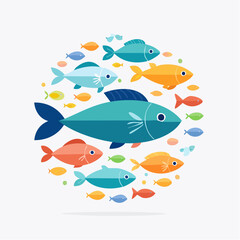 Colorful Aquatic Circle: A Whimsical Assembly of Stylized Fish in Vibrant Harmony Beneath the Sea