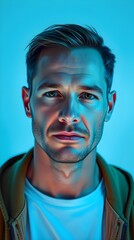 Cool, creative lighting art, unusual original fine art photography A high-resolution professional headshot of a man, clean white background, soft even illumination, minimal shadows.