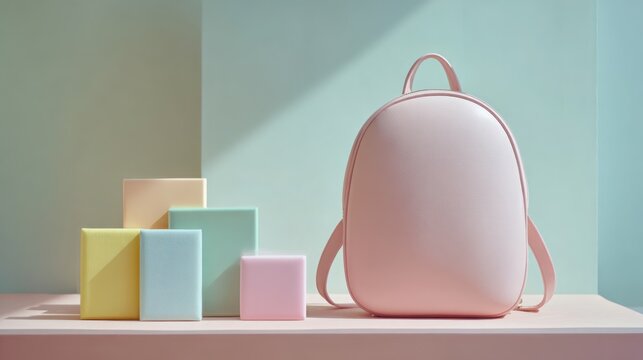 Soft pastel backpack and geometric blocks in minimalist studio setting