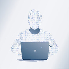 Anonymous hacker silhouette made of binary code typing on a laptop computer representing cybersecurity and data protection concepts.