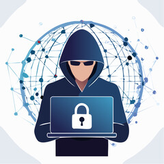 Anonymous hacker in a hoodie with sunglasses holding a laptop with a padlock symbol against a backdrop of a digital globe and network connections