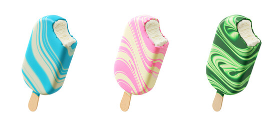 Swirl candy glazed vanilla ice cream bar on stick transparent PNG cutout set bundle, isolated background. Bright blue, pink, green color flavor cue