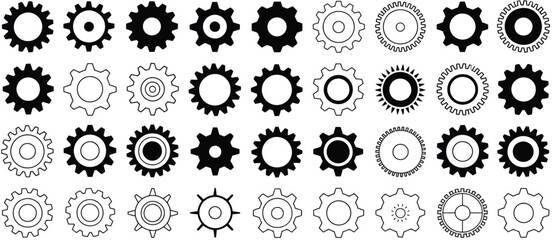  Gear Vector Collection, Black Gear Icons in Various Styles for Use in Engineering Graphics, Manufacturing Concepts, Tech Interfaces, and Mechanical System Designs